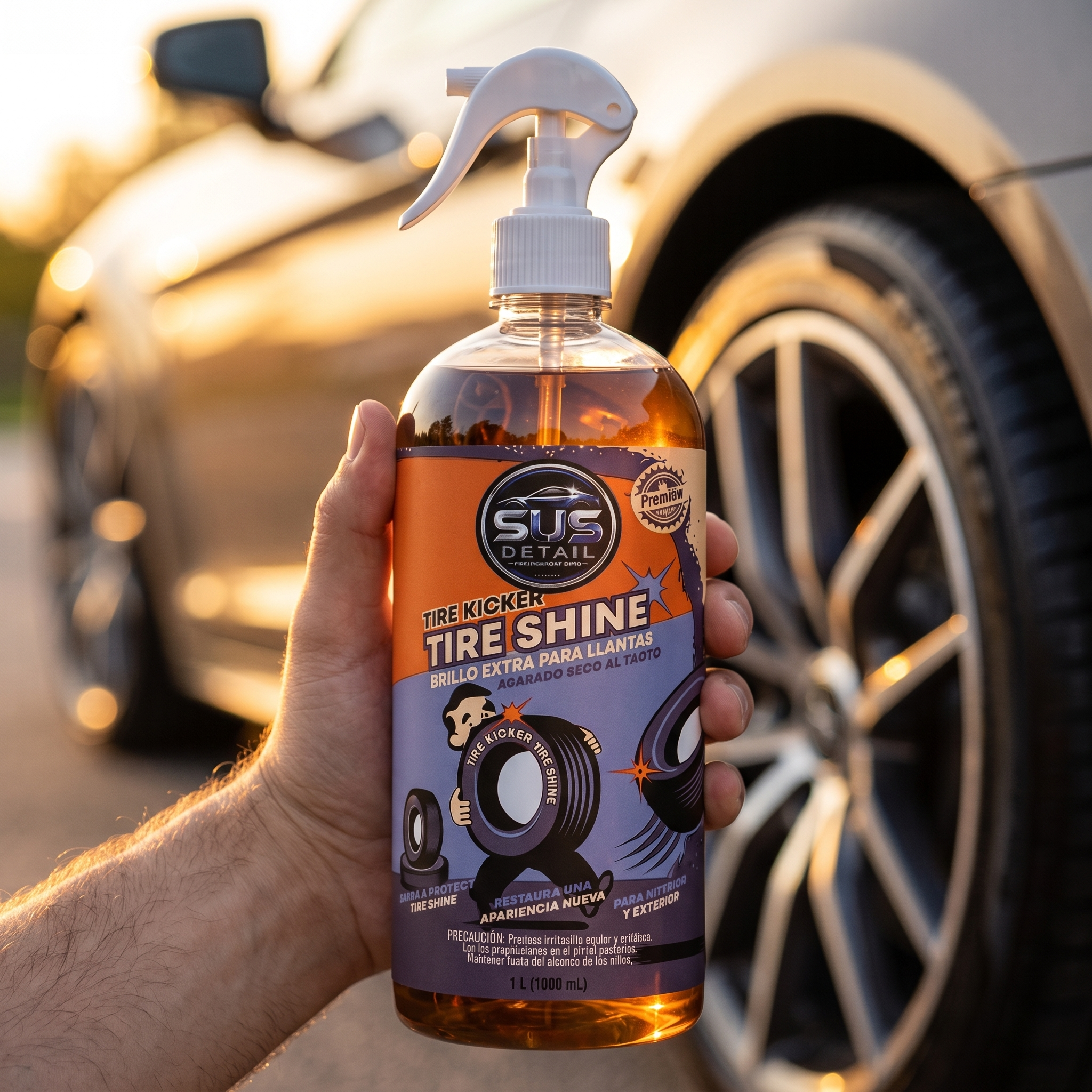 Tire Shine en mano con auto